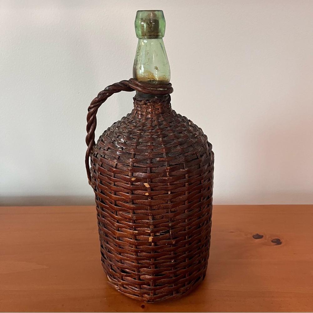 Antique Vintage Wicker Wrapped Glass Jug Demijohn Woven Basket